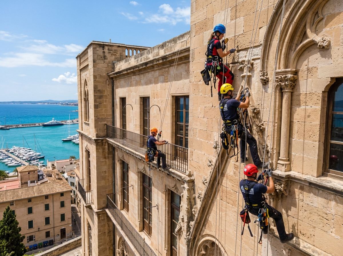 Equipo de cuatro técnicos de trabajos verticales trabajando simultáneamente en fachada de edificio histórico de piedra en Palma con el mar al fondo