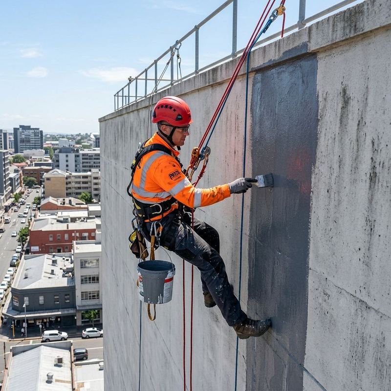 Impermeabilización siloxánica fachada Palma — acceso por cuerdas Impermeabilización de fachada de edificio residencial en Palma con sistema siloxánico aplicado por técnico en cuerdas