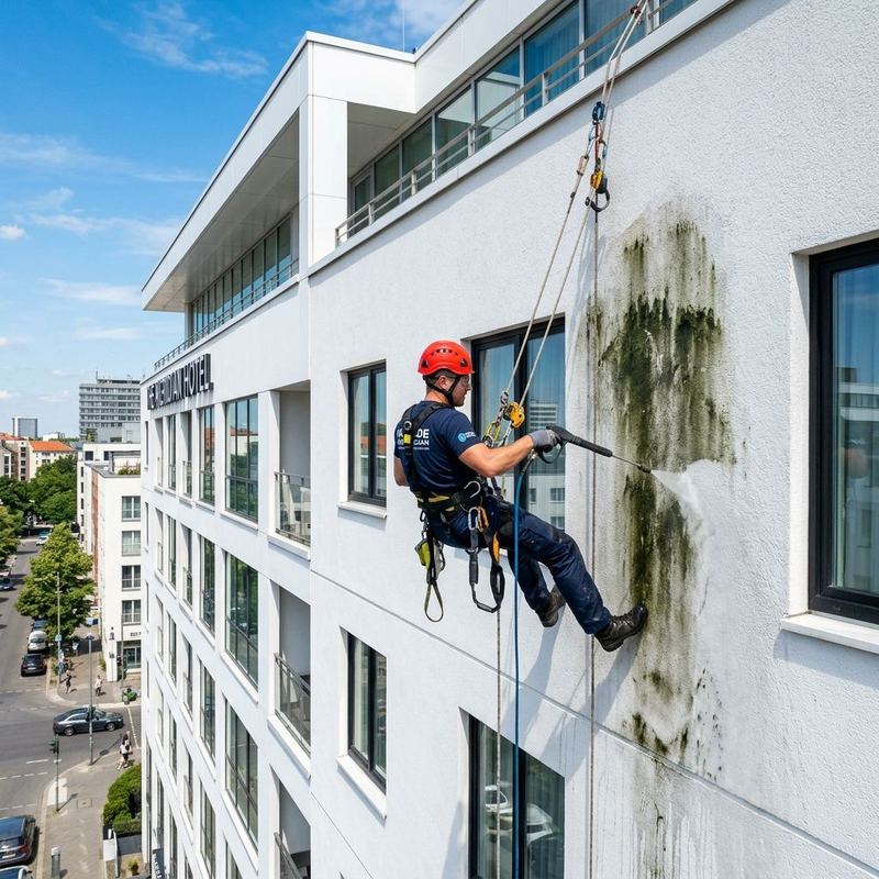 Limpieza de verdín y suciedad en una fachada de Palma con hidrolavado controlado por cuerdas