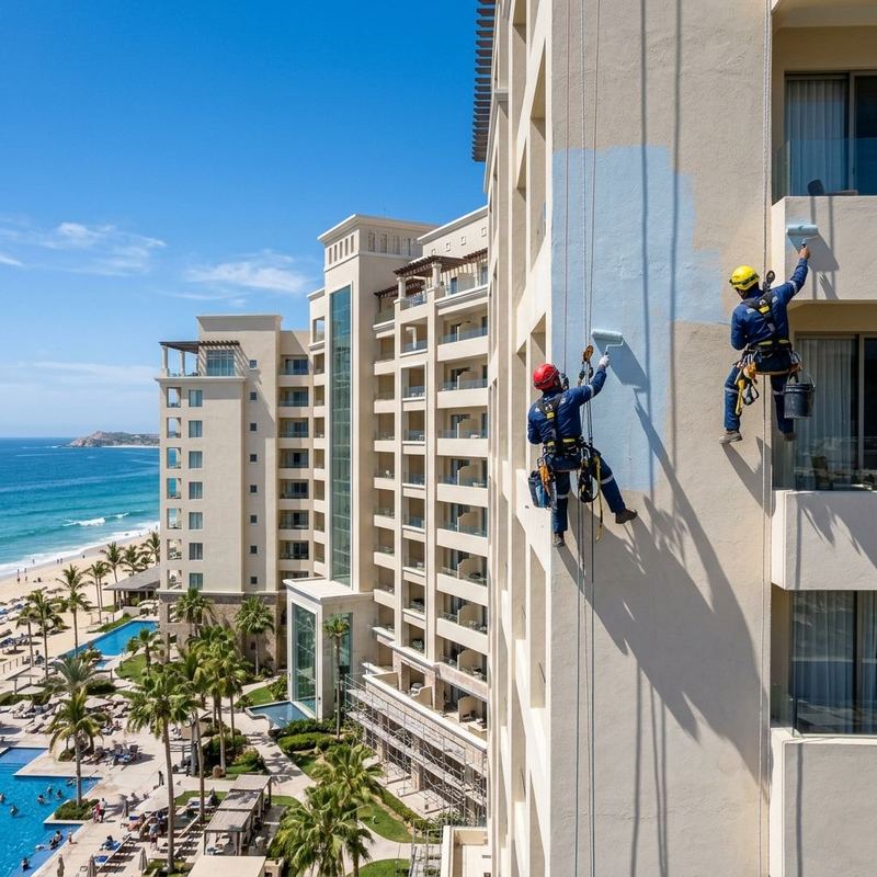 Pintura elastomérica anti-fisura en fachada de hotel en la costa de Mallorca aplicada por técnicos en cuerdas