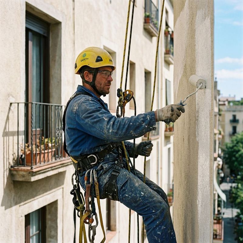 Fachada de edificio residencial en Palma Nova pintada con pintura siloxánica blanca por técnicos en cuerdas