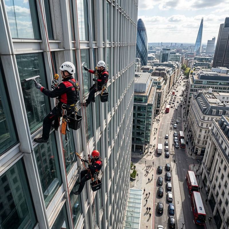 Técnicos suspendidos por cuerdas en la fachada de un edificio alto